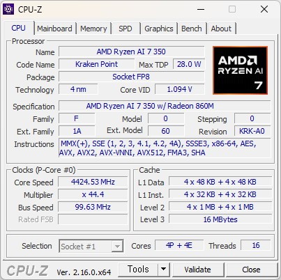 CPU-Z로 본 ‘Ryzen AI 7 350’ 프로세서 정보