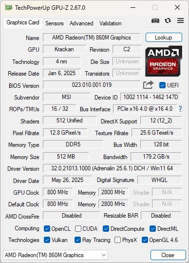 GPU-Z로 본 AMD Radeon 860M 내장 그래픽