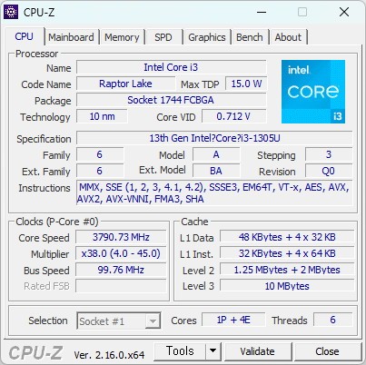 CPU-Z로 본 인텔 코어 i3-1305U 정보