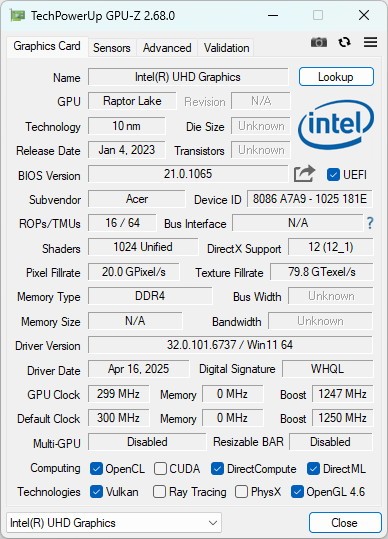GPU-Z로 본 Intel UHD Graphics 정보