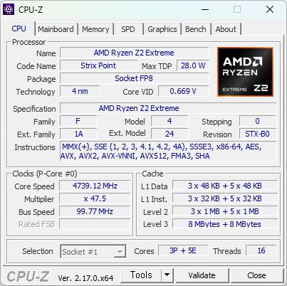 CPU-Z로 본 AMD Ryzen Z2 Extreme 정보