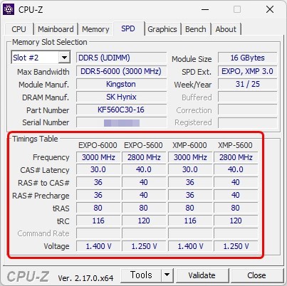 CPU-Z로 본 메모리 정보. EXPO 및 XMP 값이 설정되어 있는 것을 확인할 수 있다.