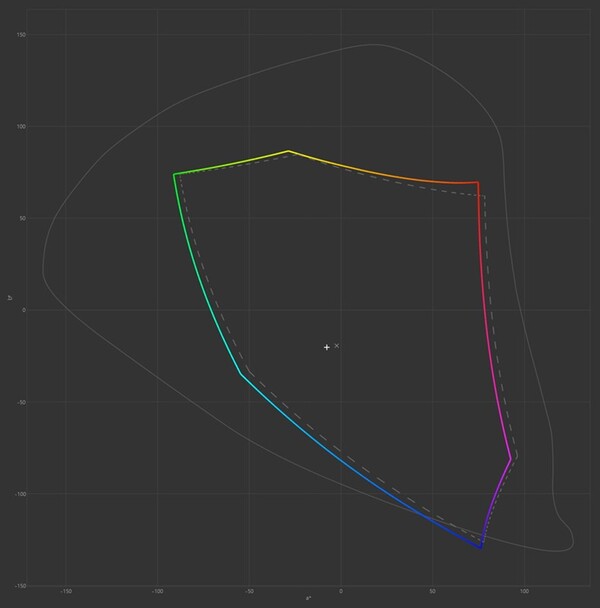 점선 부분이 sRGB이며, 무지개 라인이 디스플레이가 색 표현 가능한 범위이다.