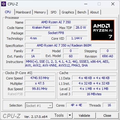 CPU-Z로 본 Ryzen AI 7 350 정보