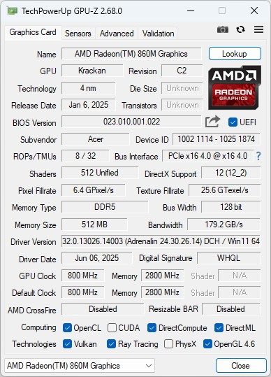 GPU-Z로 본 AMD Radeon 860M 내장 그래픽 정보