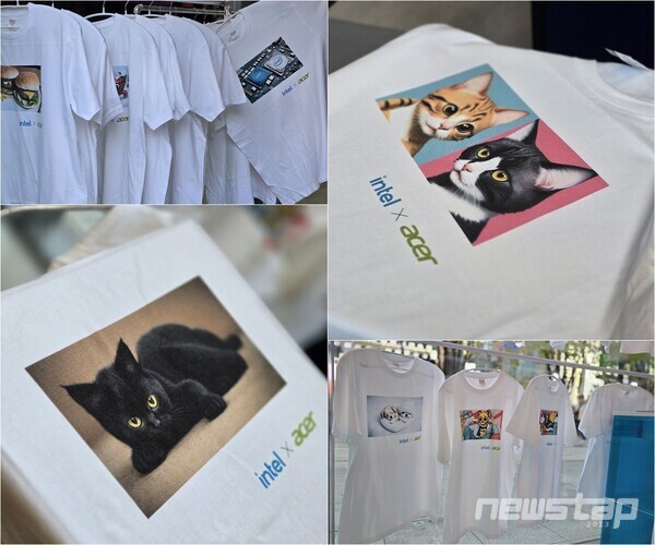 방문객의 아이디어와 생성형 AI로 제작된 티셔츠들