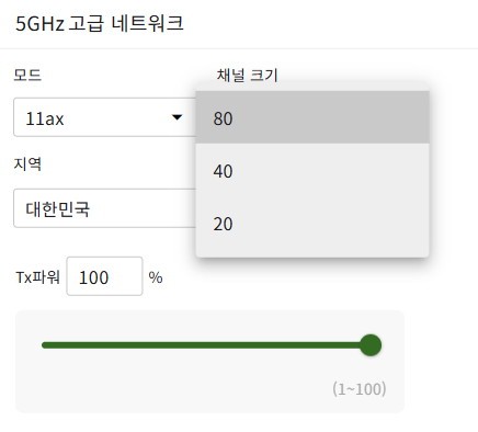 5GHz 대역에서 최대 80MHz 채널폭을 지원한다.