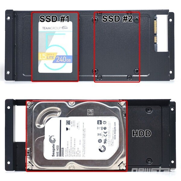 2.5인치 SSD 2개와 3.5인치 HDD 1개를 동시에 장착할 수 있다.